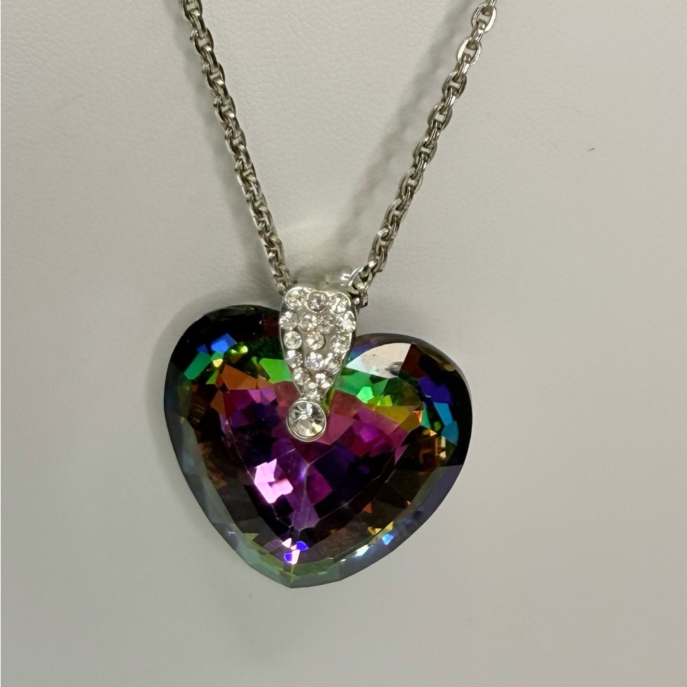 Heart Crystal Pendant Necklace - Iridescent Purple Green Blue